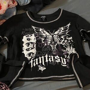 Black Graphic Long-Sleeve Tee with Butterfly & Fantasy Print